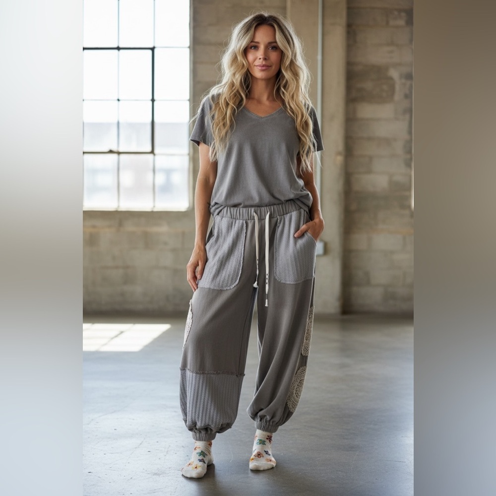 NWT POL Boho Crochet Doily Patchwork Jogger Sweats Sweat Pants Joggers Grey - Picture 8 of 13
